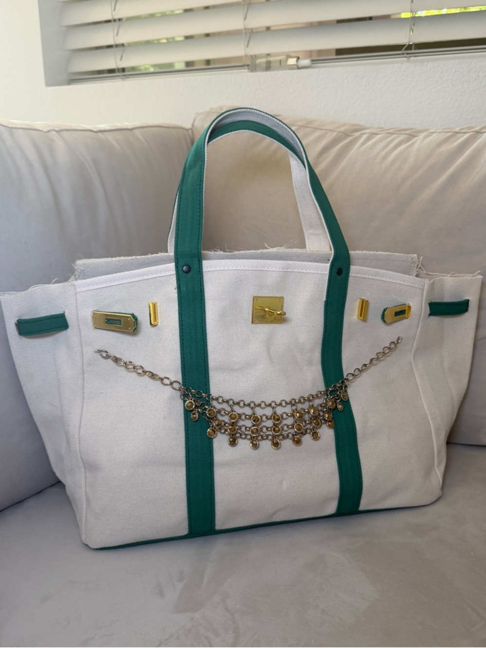 White Canvas Tote Bag with Green Trim and Gold Hardware
